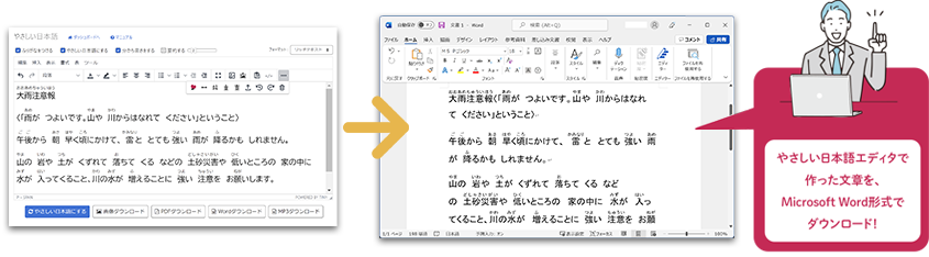 やさしい日本語エディタで作った文章を、Microsoft Word形式でダウンロード! 