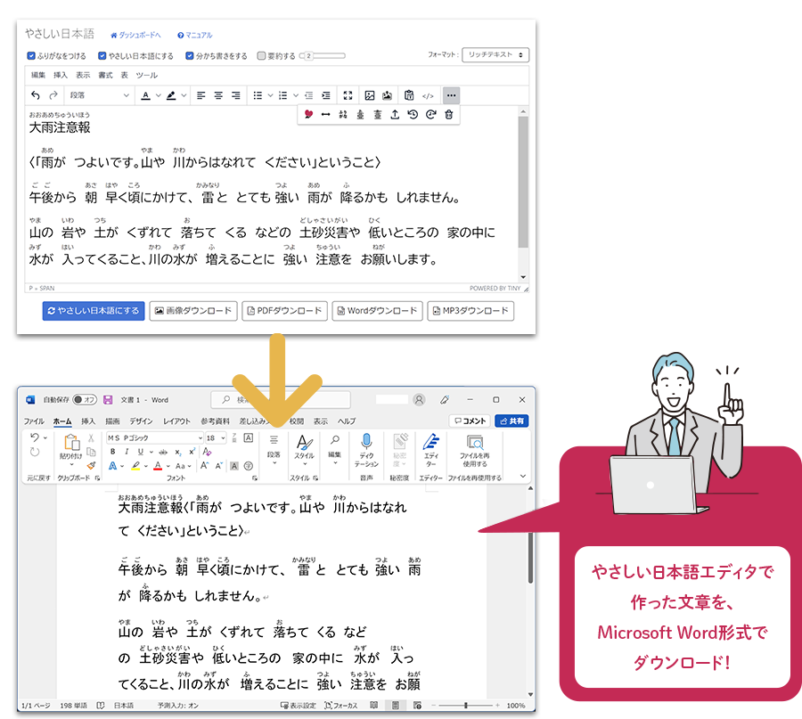 やさしい日本語エディタで作った文章を、Microsoft Word形式でダウンロード! 