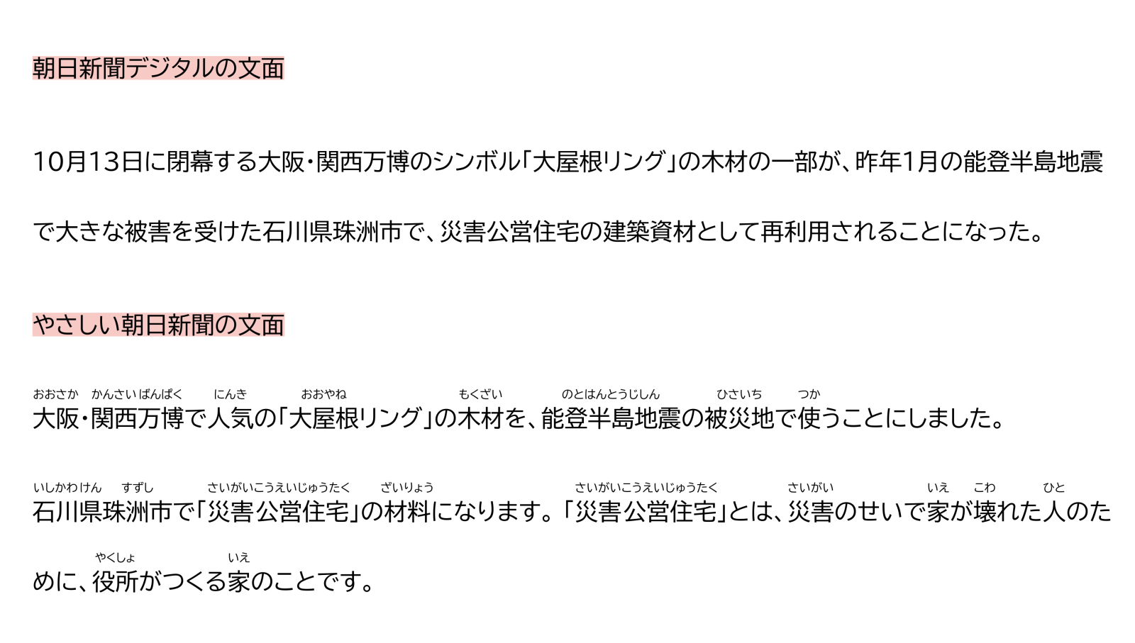 朝日新聞デジタルの文と、やさしい朝日新聞の文の比較
