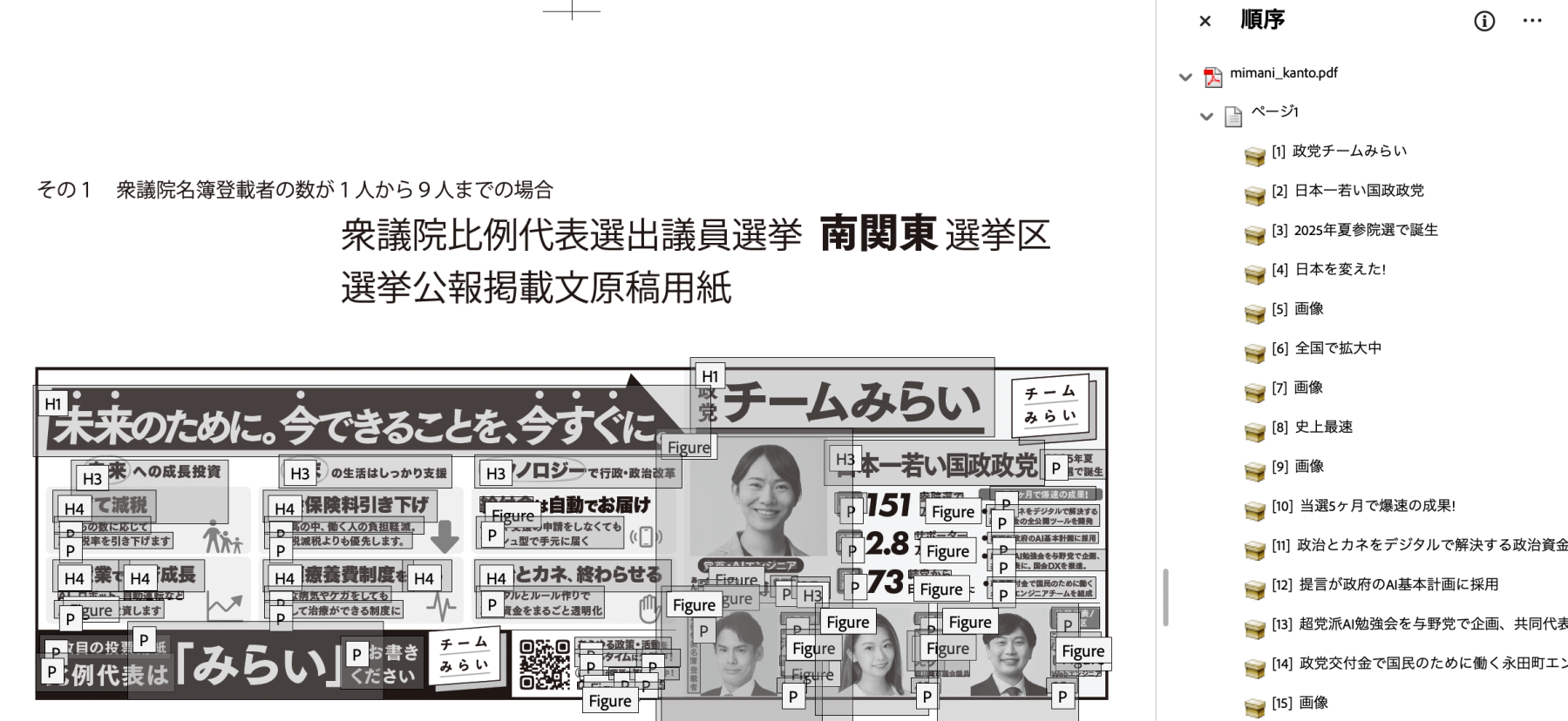 音声読み上げに対応したPDF、チームみらい、比例代表南関東ブロック